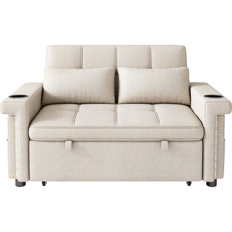 Sofá Cama 2 Plazas, Respaldo Ajustable, Iluminación LED, Puertos USB y Type-C, Chenilla Beige 145 × 141.5 × 90 cm (1/5)