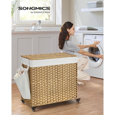 Songmics – Panier à linge 160 L avec couvercle – 3 compartiments séparés – Doublure amovible et lavable – Roulettes avec freins – Rotin PP respirant