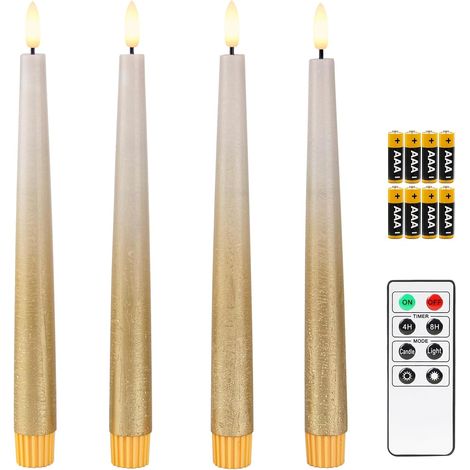 Lot de 4 bougies chandelier led avec minuterie, chandelle led pour Couronne de Noël avec télécommande et Piles incluses H 24.5cm - Gris sable et Doré (1/5)