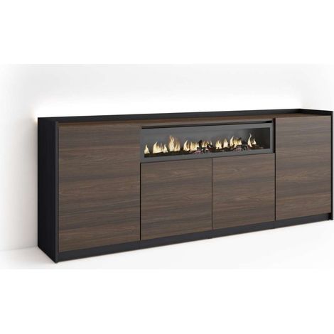 Aparador Almargen-01 de 207x80x37 cm con 4 puertas, chimenea y luces LED, color roble oscuro y negro (1/4)