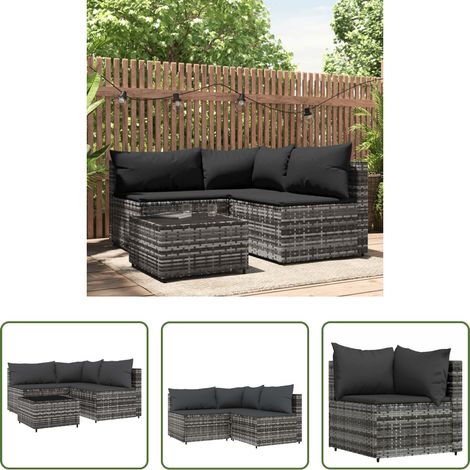Canapé d'angle - Salon de jardin 4 pcs avec coussins Gris Résine tressée (1/5)