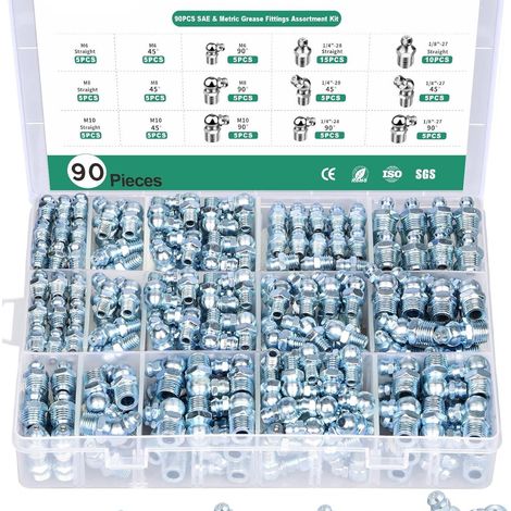 Assortiment de raccords de graisse, 90PCS SAE et raccords de graisse métrique Zerk NPT 1/4 "1/8" M6 M8 M10, mamelon de graisse droit 45 à 90 degrés pour pistolet de graisse (1/5)