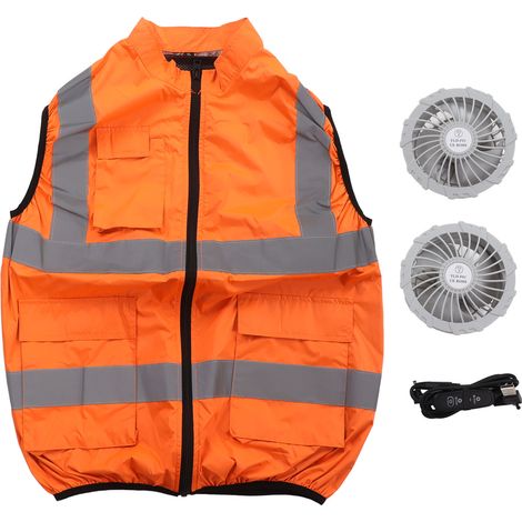 GARRYFIZH Gilet d'été avec ventilateur de refroidissement, gilet d'été à rayures réfléchissantes, vêtements de travail rechargeables, Fluorescent 5V, Orange XXL