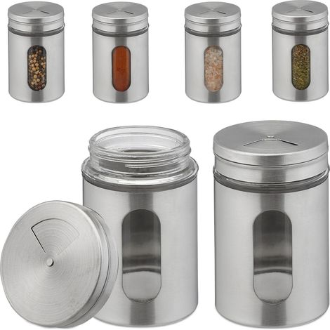 Relaxdays Gewürzstreuer, 6er Set, 3 Streugrößen, Gewürze & Kräuter, XL Gewürzgläser, 290 ml, Glas & Edelstahl, silber
