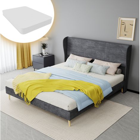 Cama doble 160 x 200 cm tapizada con cabecero de terciopelo gris y estructura baja (1/5)