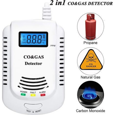 2-in-1 CO- und Brenngaswarngerät – Kohlenmonoxid-Alarm mit Methan-, Propan-, Butan- und Erdgaserkennung – Akustischer und optischer Alarm, Farb-LCD-Display, EU-Netzstecker