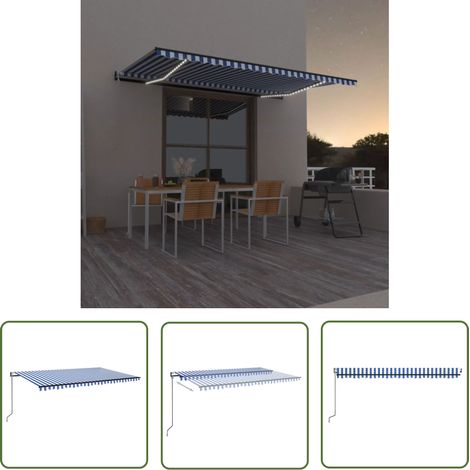 The Living Store Auvent automatique capteur de vent LED 500x350 cm Bleu et blanc - Auvent Retractable - Stores Exterieurs - Parasol - Abri Solaire - Protection Soleil (1/5)