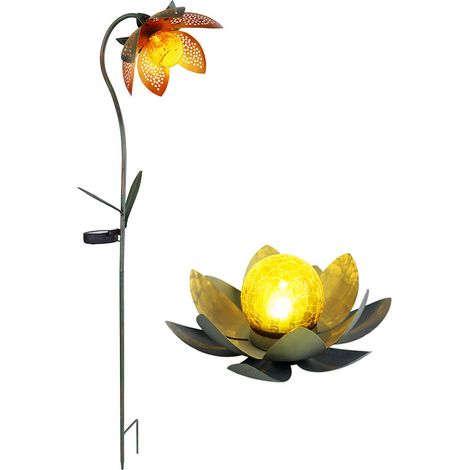 Solardeko LED Lotusblüte Erdspieß Gartenlampe Außenleuchte Solarlampe Blume Lotosblüte, Metall mehrfarbig, Kugel Bruchglas Optik, 2er Set