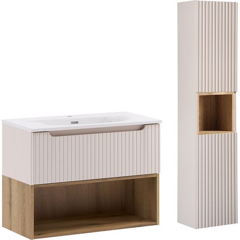 Ensemble meuble simple vasque encastrée 80cm et colonne Riva Cachemire et Bois