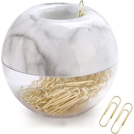 Porte-trombones magnétique, support blanc marbré avec trombones dorés (100 pièces, 28 mm), accessoire de bureau mignon et pratique. (1/5)