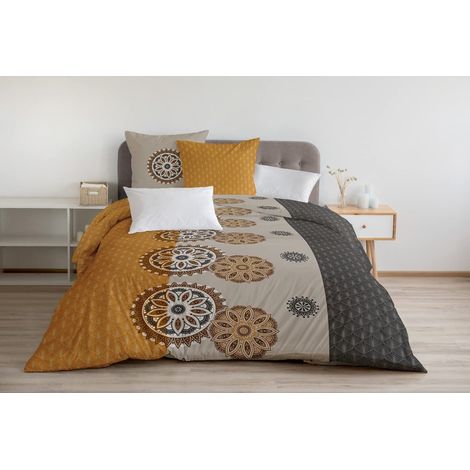 Parure de Couette 220x240 cm 100% Coton 57 Fils Housse + 2 Taies Motif Yucatan Gris et Ocre Orange (1/5)