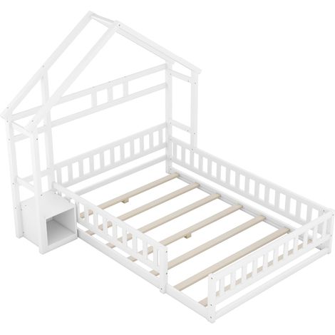 Hausbett Kinder 140 x 200 cm, Einzelbett mit Rausfallschutz und Nachttisch, ohne Matratze, Weiß (1/5)
