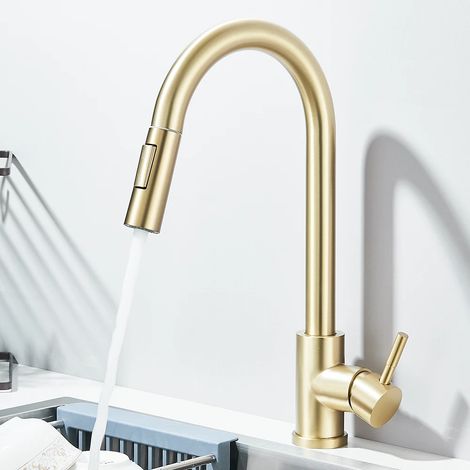 Robinet extractible (doré brossé), pommeau de douche, mitigeur de comptoir, poignée unique (1/3)
