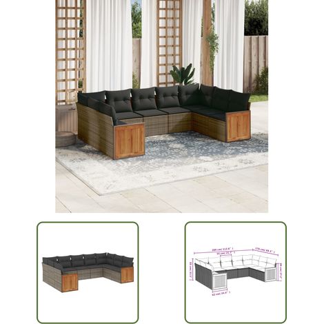 The Living Store 9-tlg. Garten-Sofagarnitur mit Kissen Grau Poly Rattan - Gartensofas - Outdoor Möbel - Lounge Set - Rattan Gartenmöbel - PE-Rattan (1/3)