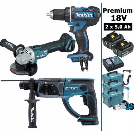 Makita – Pack d'outils électroportatifs 18V – Perceuse 62Nm DDF482, meuleuse 125mm DGA504, perforateur 2J DHR202 – 2 batteries 5Ah – Chariot et 3 MakPac (1/5)