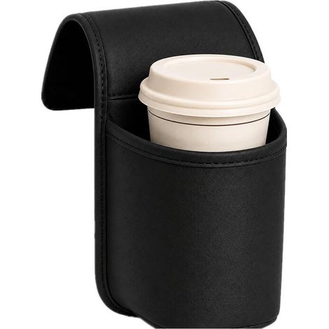 Porte-gobelet - Support de fenêtre - Design 2 en 1 - Finition cuir PU - Poche latérale robuste - Idéal pour un usage quotidien : rangement de boissons, téléphone portable et petits objets - Noir