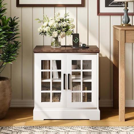 Table de Chevet Blanche avec 2 Prises et 2 USB, Portes en Verre (1/5)