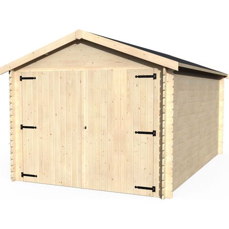 Décor Et Jardin – Garage bois 298x478cm – Surface utile 12,29m² – Épaisseur madriers 28 mm – Double porte pleine avec fermeture à clé – Toiture en feutre bitumeux (1/2)