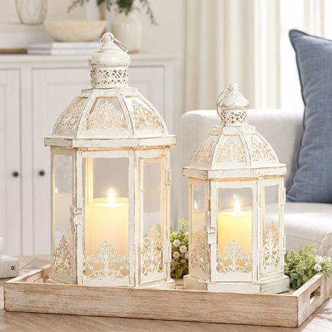 Lot de 2 lanternes décoratives d'extérieur et d'intérieur (35,6 cm et 25,4 cm) en métal Beige avec Verre, bougeoir pour Porche, terrasse, Jardin, Balcon, Mariage, Centre de Table (1/5)