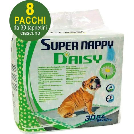 240 Tapis hygiéniques pour chiens SuperNappy Daisy 84x57 cm - 8 paquets de 30 chacun