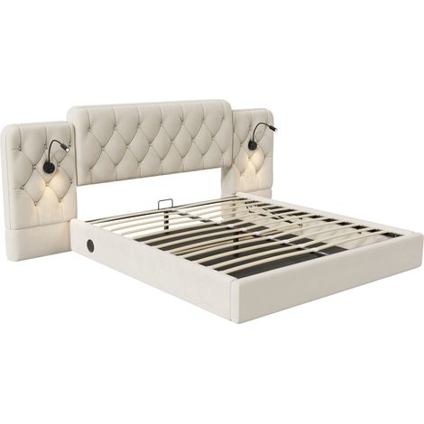 Cama canapé 160 x 200 cm beige de terciopelo con cabecero largo, luces y USB (1/5)
