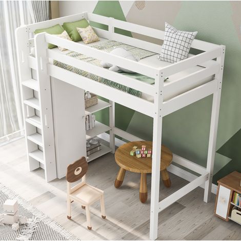 Letto rialzato bambini 90x200 cm con armadio e 6 ripiani portaoggetti, struttura in legno, senza materasso, bianco (1/5)