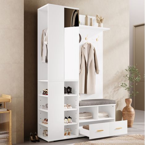 Ensemble d’entrée 120x35x190 cm blanc en panneaux de particules avec miroir, banc, 2 tiroirs et porte-manteau (1/5)