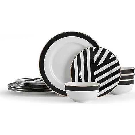 Mikasa Luxe Deco Geschirr de Porzellan de 12 Teile, Service für 4 mit geometrischem Druck, 4x Speiseteller, 4x Dessertteller &amp 4x Schalen - Spülmaschinenfest