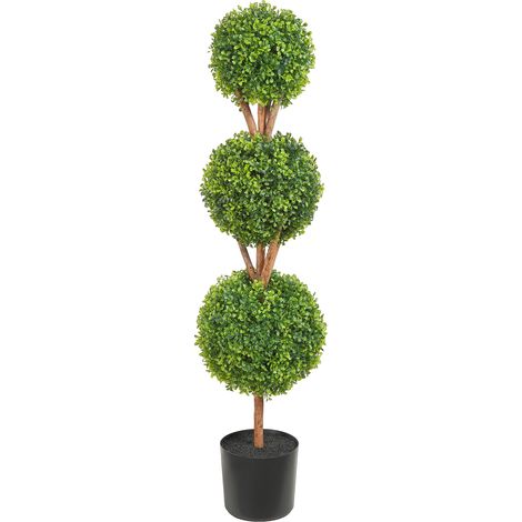 Mophorn 48" Künstliche Buchsbaum-Formgehölze, 2-teilig, 3 kugelförmige Kunstpflanzen mit Pflanzgefäßen, grün, Gartendekoration für drinnen und draußen