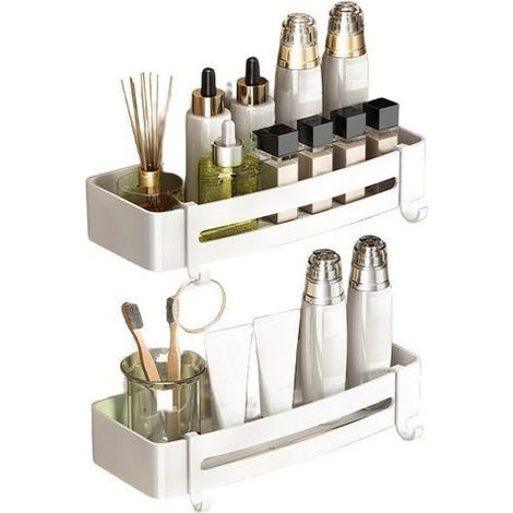 Set di 2 mensole da bagno in alluminio con ganci, 33×15×6 cm, non necessitano di foratura, pratico contenitore (1/2)