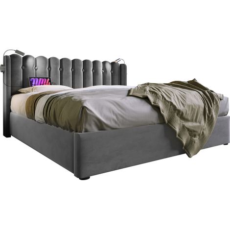 Letto Contenitore 140 x 200 cm, Letto Matrimoniale con USB, Luce da Lettura e Materasso, Velluto Grigio (1/5)
