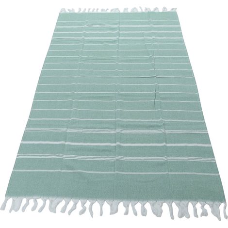 Serviette de plage rayée extra large, châle avec pompon, idéale pour les voyages, le camping, la salle de sport et la piscine (vert). (1/5)