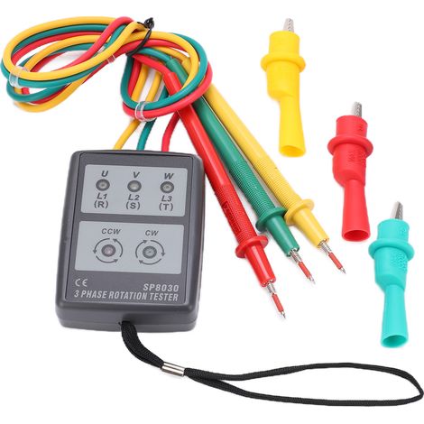 Testeur de rotation de phases SP8030, détecteur d'ordre de phases triphasé portable sans pile, instrument industriel compact pour vérification de séquence et sens de rotation. (1/5)