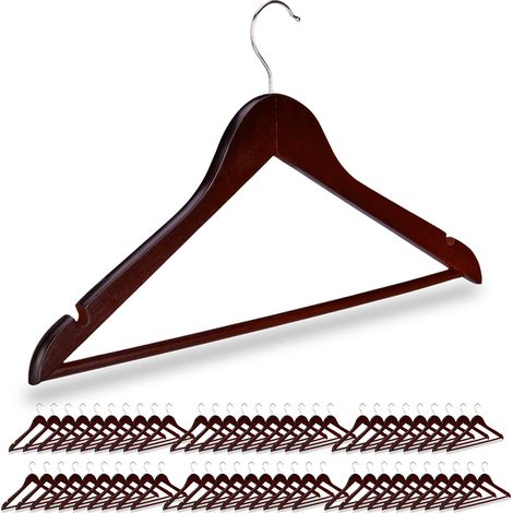 60 x Perchas Ropa Madera, Ranuras, Barra Pantalón, Gancho Giratorio 360°, Colgadores Madera, 44,5 cm de Ancho, Marrón (1/5)