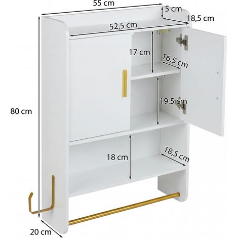 Meuble mural de salle de bain avec 2 portes, étagères réglables et amovibles, compartiment ouvert, meuble mural pour toilettes, 55 x 20 x 80 cm, blanc (1/3)
