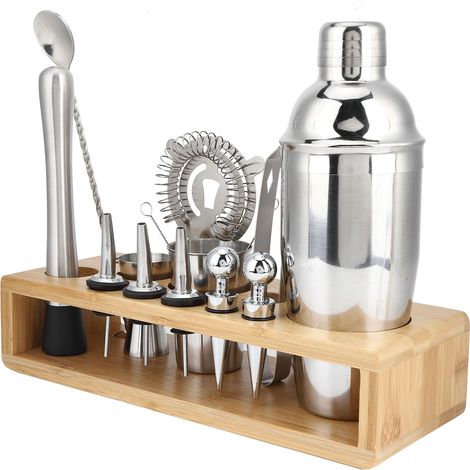 Ensemble de bar à cocktails 16 pièces en acier inoxydable 304 avec shaker et support en bambou. (1/5)
