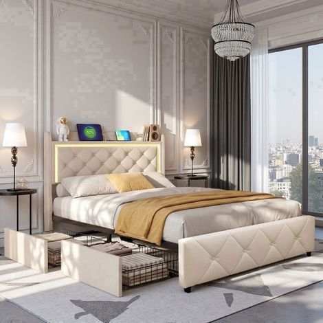 Letto semplice 90x200 cm - Letto imbottito 90x200 - Velluto beige - LED RGB & USB/Type-C - 2 cassetti + cassapanca