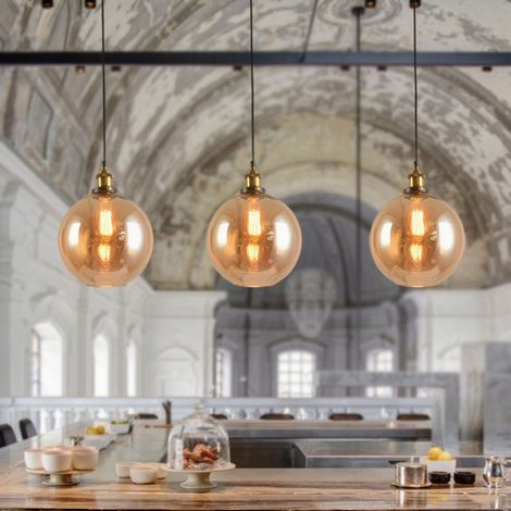 3-pack Industrial Pendant Light Glass Metal Hanging Ceiling Lamp Shade Adjustable Height Chandelier Amber Ø20cm