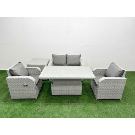 Fimous Light Grey PE Wicker Rattan Garden Furniture Set Sofa Set Reclining Chair Adjustable Lifting Dining or Coffee Table 4 Seater With Side Table (1/4)