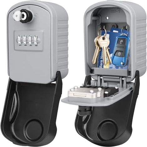 Secure Key Box [New Generation] Large Outdoor Key Safe with 4 Codes & Emergency Keys, Waterproof and Rustproof, Wall Mounted Key Box for School, Office, Factory (Silver) (1/5)