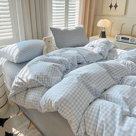 Housse de Couette 220x240 à Carreaux Vichy Bleu et Blanc Moderne (1/5)