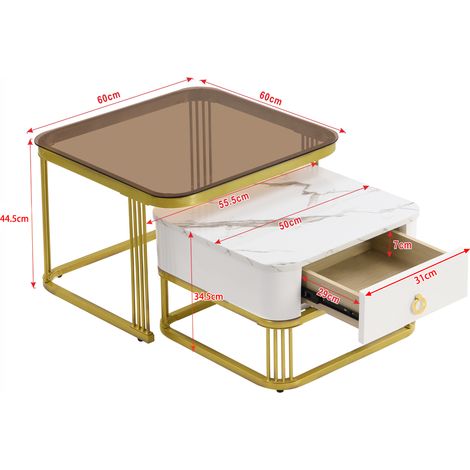 Set de 2 tables d'appoint empilables, plateau en verre fumé brun et finition marbre brillant, accents dorés, table basse avec tiroirs. (1/5)