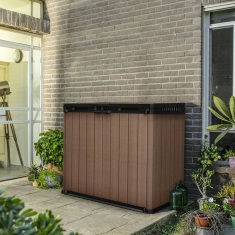 Dmora - Armario exterior Napanee, Mueble para exteriores, Mueble de jardín multiusos, Contenedor para balcón o garaje, 140x80 h120 cm, Marrón (1/5)