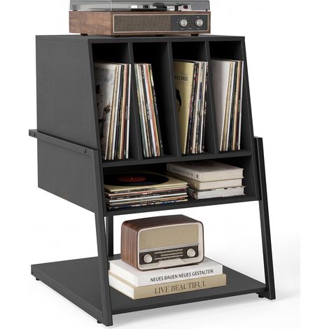 Turntable Stand with Wide Shelf & 4 Dividers, Black