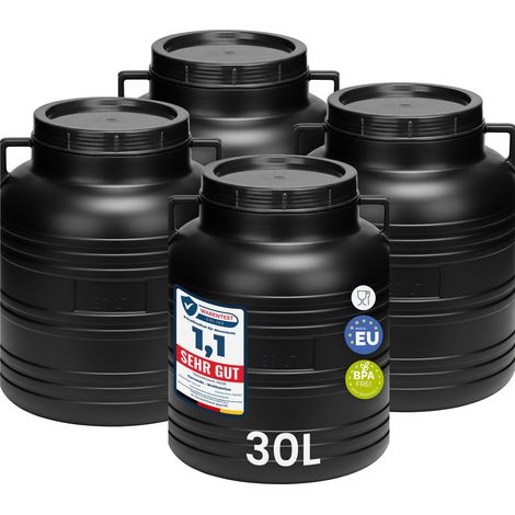 Garronda Lot de 4 fûts alimentaires 30 L en HDPE sans BPA, à large ouverture avec couvercle, pour eau, aliments et récupération d'eau de pluie, noir GD-0121