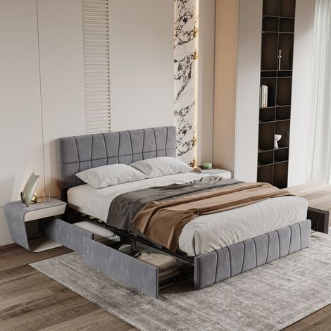 Sureh – Lit coffre 160x200cm avec 4 tiroirs – Tête de lit réglable en hauteur – Velours gris – Sommier à lattes inclus (1/5)