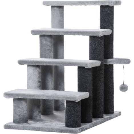 Scaletta per gatti alta 64 cm per gatti anziani, 4 gradini con pallina da gioco e piattaforma in juta e peluche grigio, disponibile in loco. (1/5)