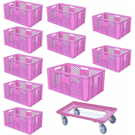 BRB 10 Eurobehälter, LxBxH 600x400x320 mm, lebensmittelecht + 1 Transportroller, pink