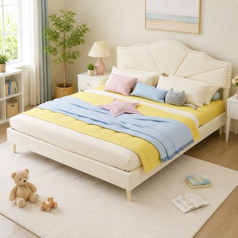 Lit 160x200 rembourré avec tête de lit géométrique, beige HAVRYA (1/5)