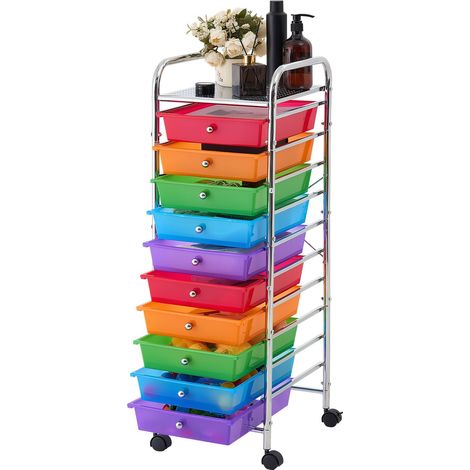 Chariot de Rangement à 10 Tiroirs Multicolores en PP avec Roulettes, Cadre en Acier, pour Bureau, Loisirs Créatifs, Chambre, Salle de Bain et Studio, 4 Roulettes Pivotantes dont 2 avec Frein